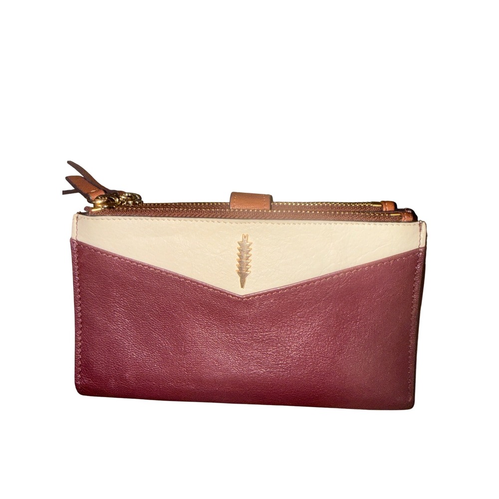 Thacker Leather Bifold Wallet Burgundy Cream Tan Gold Arrow Logo Zip Pouch